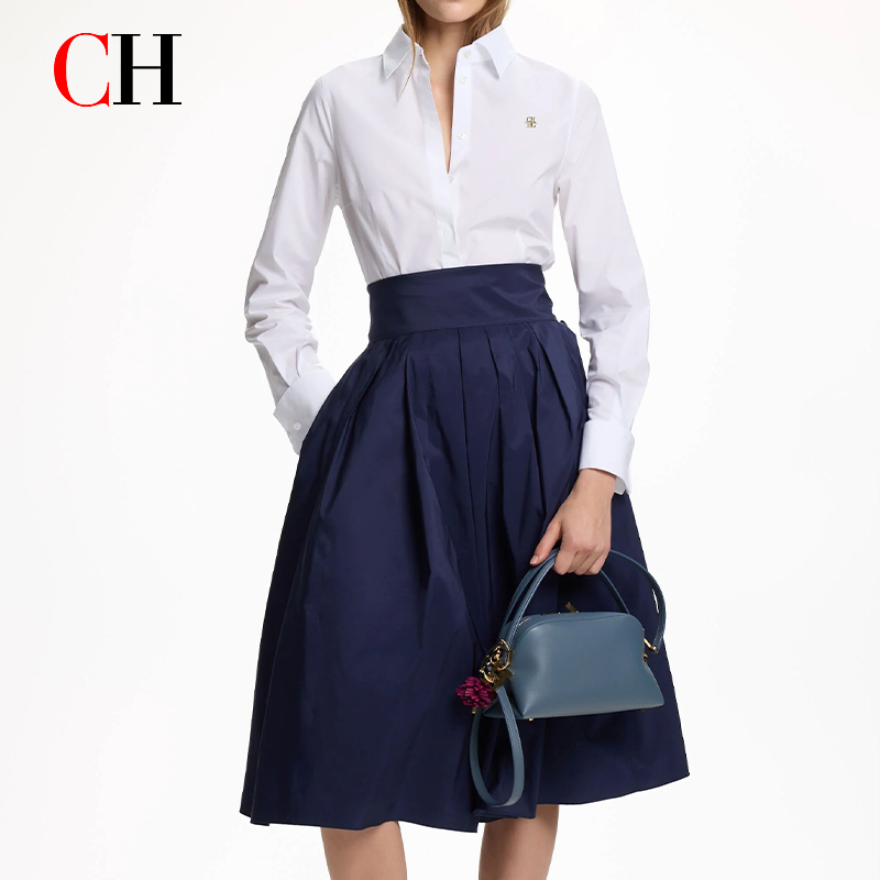 Home Office Logo - CH 女性エレガントな白いラペルシャツゴールド CH ロゴ長袖ブラウスフォーマルオフィスレディワークウェアスリムフィットベーシックシャツ