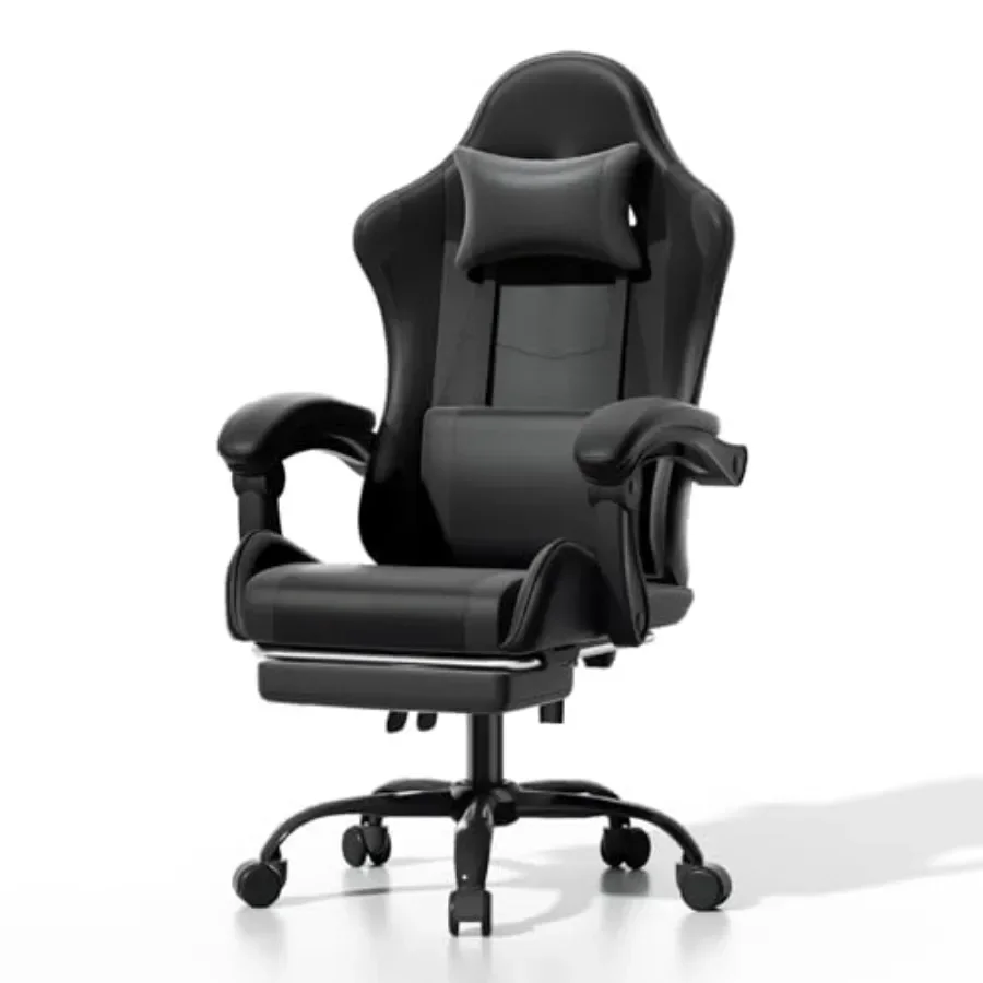 Ergonomic Office Chair - 自宅やオフィスでの使用に最適な、人間工学に基づいたデザインのゲーミングチェア。フットレスト付き、メッシュ素材の背もたれとPUレザーの座面、ブラックカラー、腰部サポート機能付き、高さ調整可能。