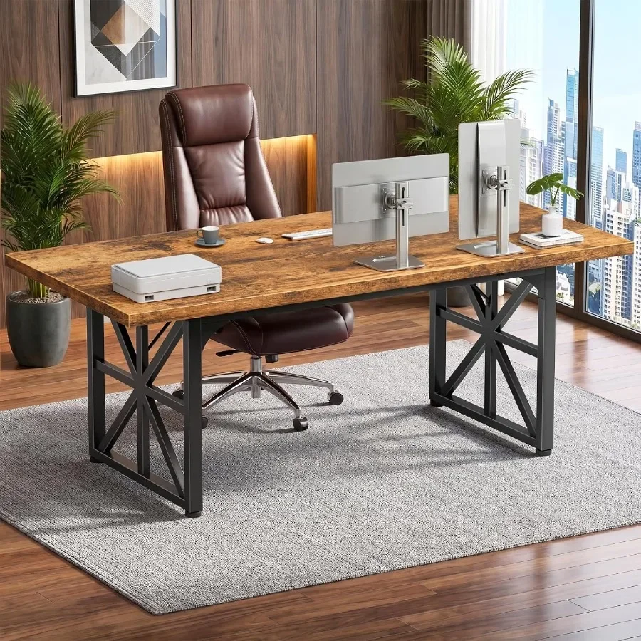 Home Office Work Table - 71インチのエグゼクティブデスク。自宅での仕事に最適な大型オフィス用コンピューターテーブル。ラスティックなデザイン。