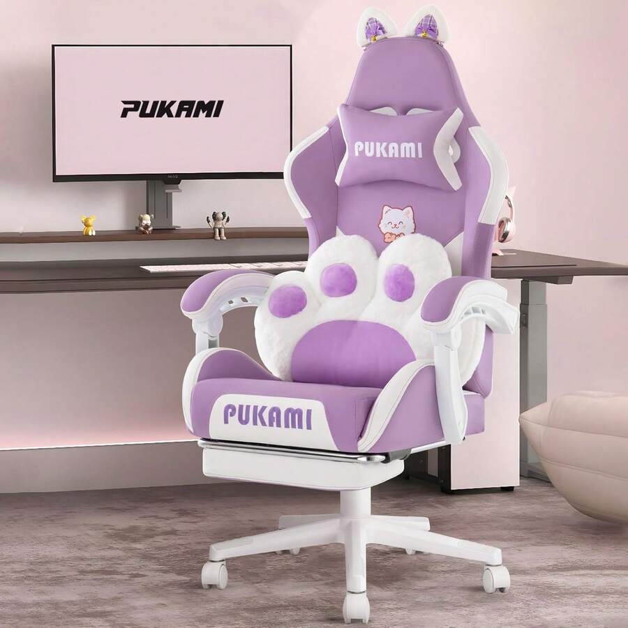 Ergonomic Office Chair - ピンク色のゲーミングチェア。アームレストが連結されており、人間工学に基づいた設計で、腰をサポートし、フットレストも付いています。人間工学に基づいたリクライニング機能付き。
