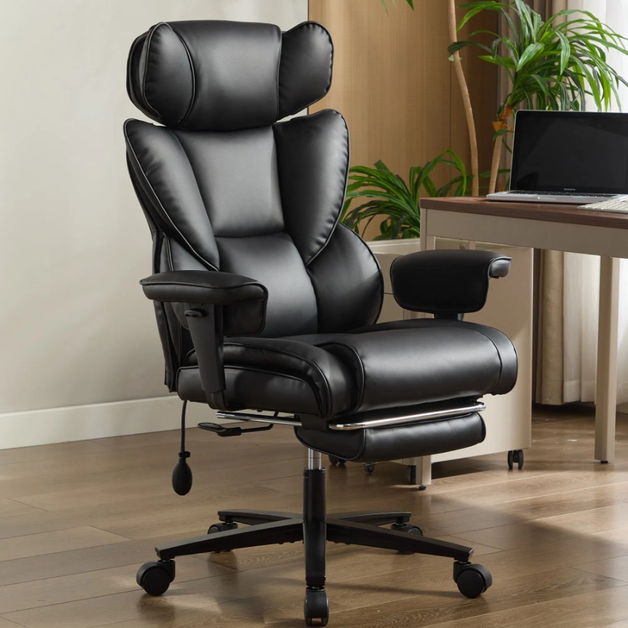 Ergonomic Office Chair - フットレストと腰部サポート付きのオフィスチェア。高さ調節可能なヘッドレストを備えた、人間工学に基づいたゲーミングチェア。背もたれが高く、レザー素材を使用。