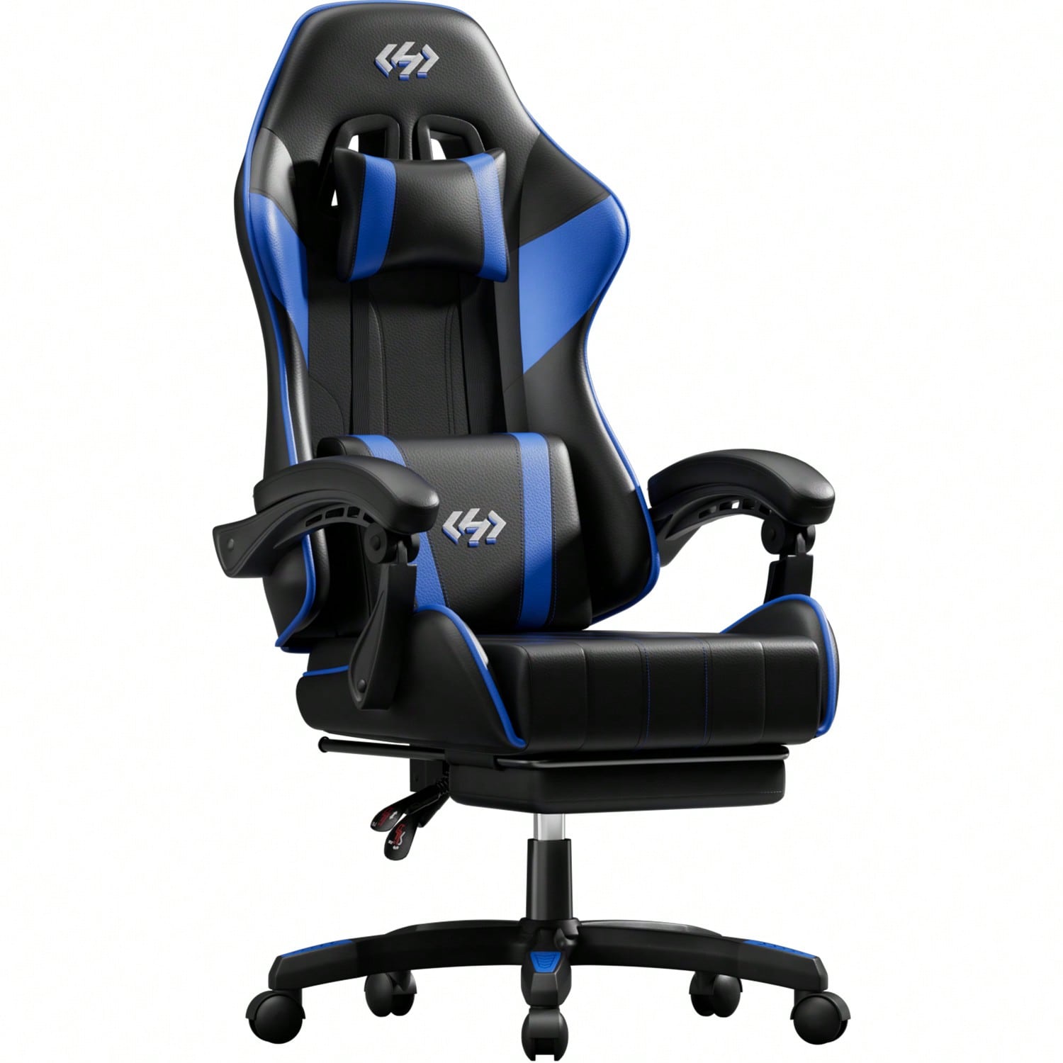 Ergonomic Office Chair - HLDIRECTゲーミングチェア、人間工学に基づいたコンピューターオフィスチェア、ランバーサポート、フットレスト、ヘッドレスト付き、高さと背もたれの角度調整可能、ビデオゲーマーチェア、PUレザー、360度回転 ° スイベル、大人用、黒と青