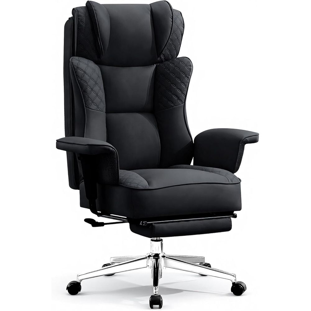 Ergonomic Office Chair - 大きくて背の高いオフィスチェア、フットレスト付き人間工学に基づいたレザーリクライニングチェア、ランバー付きハイバック快適エグゼクティブコンピューターデスクチェア