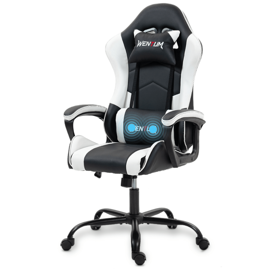 Ergonomic Office Chair - 人間工学に基づいたゲーミングチェア、レーシングスタイルのオフィスチェア、コンピューターデスク用チェア、回転式リクライニング機能付きPUレザー製PCゲーマーチェア、ホワイト